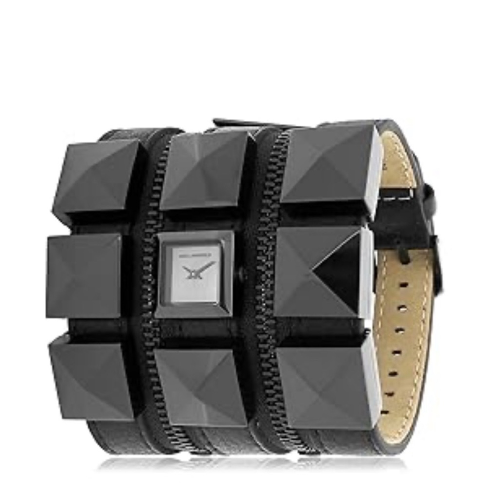 Karl Lagerfeld Watch Black Leather Studded Triple Zip Strap Cuff KL2001